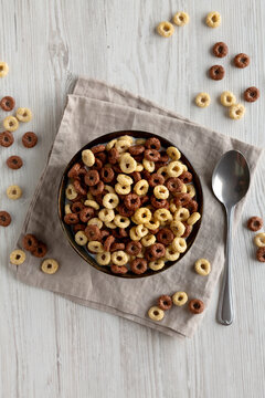 Healthy Breakfast Cereal with Whole Milk in a Bowl, top view.