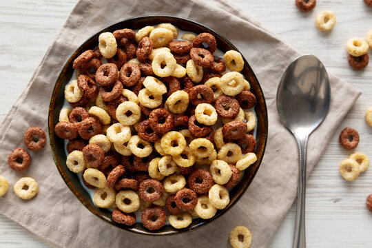 Healthy Breakfast Cereal with Whole Milk in a Bowl, top view.