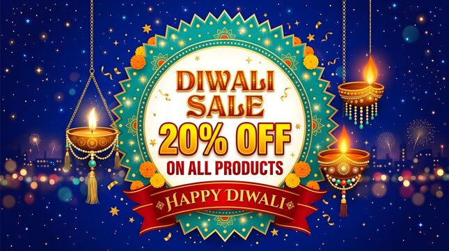 Diwali sale 20 percent off festive banner with hanging diyas