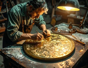 Fototapeta premium Skilled artisan carving intricate gold design on large ornate round metal artwork in workshop