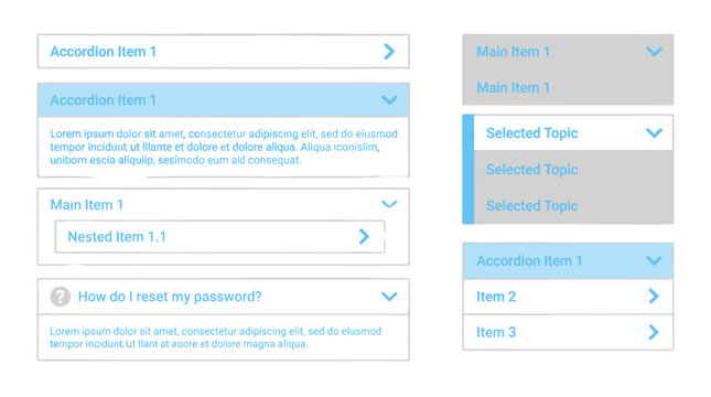 UI accordion element vector illustration, dropdown menu interface icons and buttons, web design layout, user experience, blue color scheme, site navigation component isolated on White Background