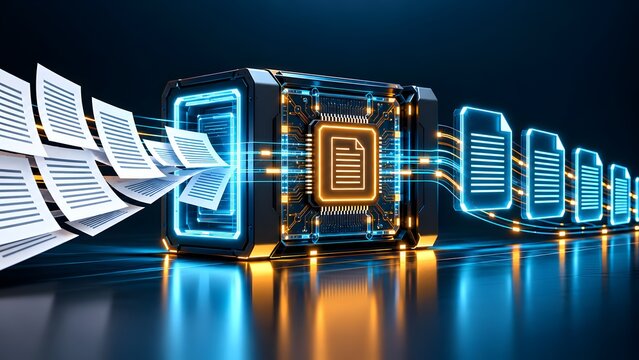 Paper Documents Digitization Process Flowing Through Futuristic Computer Microchip Server for Electronic Data Management
