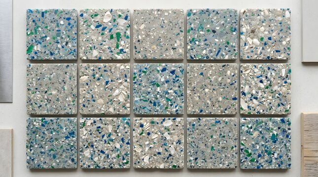 Twelve square tiles made of composite material featuring scattered blue and green glass shards within a textured gray base  displayed in three rows against a plain background