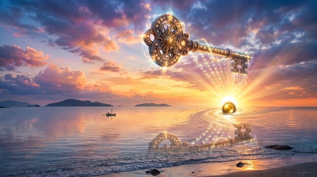 Ornate golden key floating above calm ocean waves during a vibrant sunset sky featuring glowing ancient symbols and magical energy