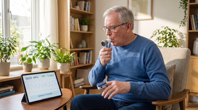 Home Spirometry: An elderly man performs a lung function test at home using a spirometer, with results displayed on a tablet, symbolizing self-care and health monitoring.