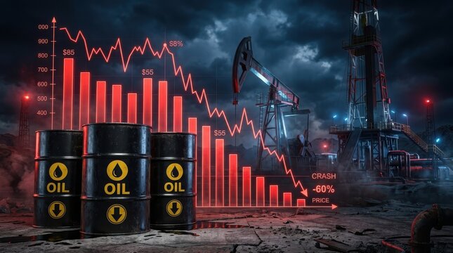 Oil barrels with a falling financial graph showing a sharp decline in crude oil prices on a dark industrial background