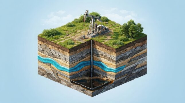 Isometric view of an oil pump jack drilling rig showing underground geological layers and oil reserves in a cross section block