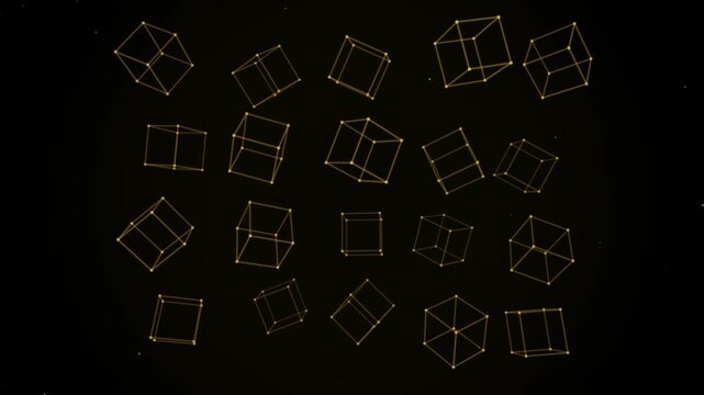 Abstract glowing 3D cubes rotating and animating in dark space with subtle starfield background.
