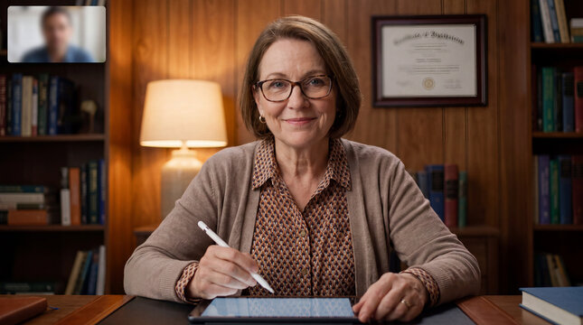 Online Consultation: A warm and approachable female therapist, wearing glasses and a cardigan, sits at her desk with a digital tablet and stylus.