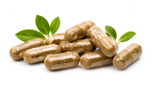 Herbal medicine capsules with green leaves isolated on white background.