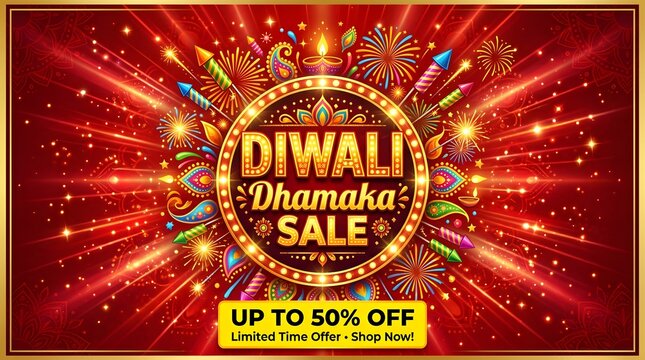 Diwali dhamaka sale banner with fireworks and festive decorations