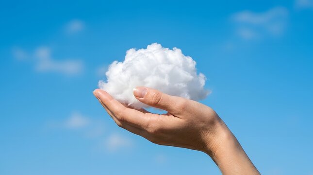 An open palm cradles a cotton like cloud under bright daylight  set against an expansive azure sky with faint wisps of distant clouds