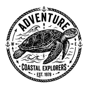 Vintage Sea Turtle Badge Coastal Explorers Adventure Logo