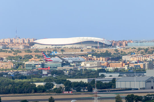 Madrid, Spain - August 23, 2026: An American airlines plane taking off from Adolfo Suarez Madrid Barajas Airport in Madrid, Spain.