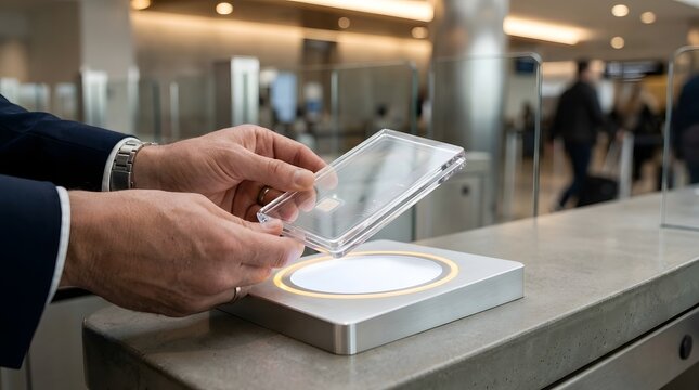 Person placing a clear plastic card onto a glowing circular scanner on a gray countertop  inside a contemporary airport terminal with glass partitions and ambient lighting