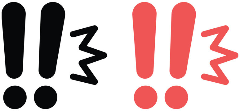 Red and black double exclamation warning signs representing caution, danger, emergency alerts, safety instructions, and hazard communication graphics.