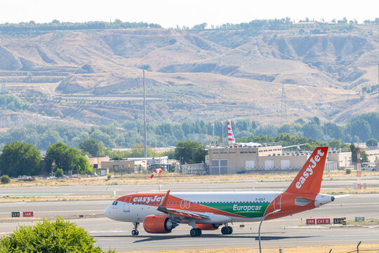 Madrid, Spain - August 23, 2026: An easyjet airlines plane taking off from Adolfo Suarez Madrid Barajas Airport in Madrid, Spain.