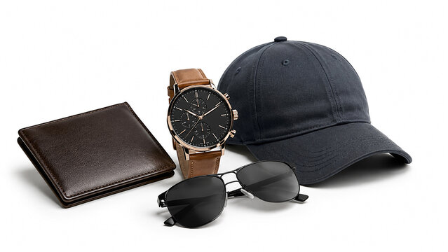 Men accessories set with watch wallet cap and sunglasses isolated on white background.