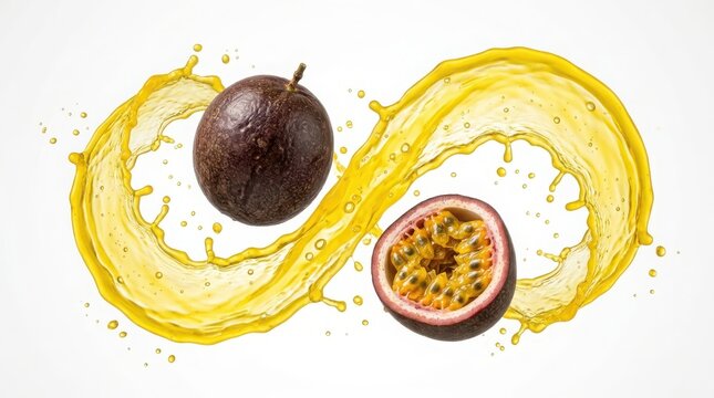 Fresh whole and sliced passion fruit with yellow juice splash isolated on a white background