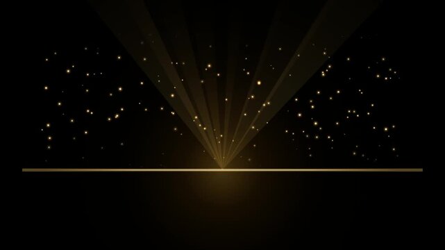 Golden light rays rise from a central point over a horizontal line with sparkling dust particles on a black background loop footage.