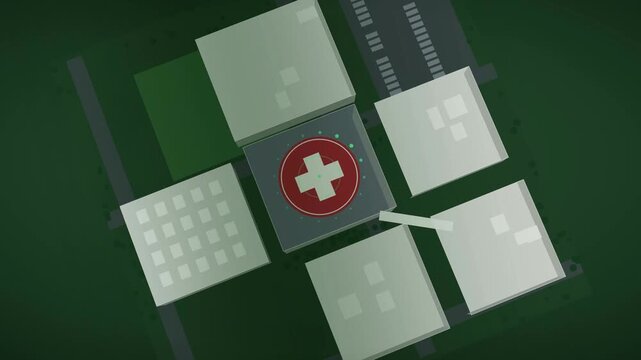 Hospital Top-Down Map Isometric View, Green Landing Pad Marker, Medical Facility Architecture, Aerial Drone Game Asset, Red Helipad Building Layout, Healthcare Emergency Landing Zone