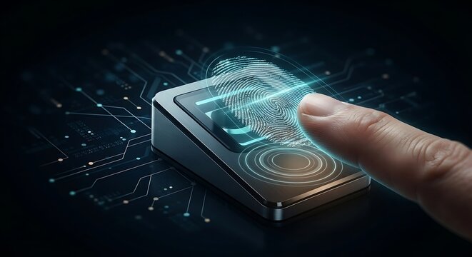 Human Finger Scanning on Biometric Fingerprint Reader Sensor with Glowing Laser Line for Cyber Security and Identity Verification.