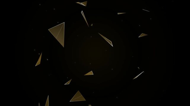 Abstract golden geometric triangles floating in dark space creates luxury cinematic motion background for premium brand video project.
