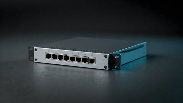 Network switch device with multiple ethernet ports placed on dark textured surface ethernet hardware internet technology connectivity computer