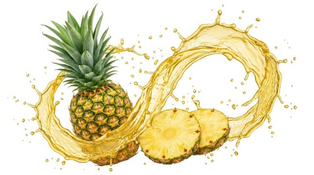 Fresh whole pineapple and slices with a dynamic yellow juice splash isolated on a clean white background for food and drink design