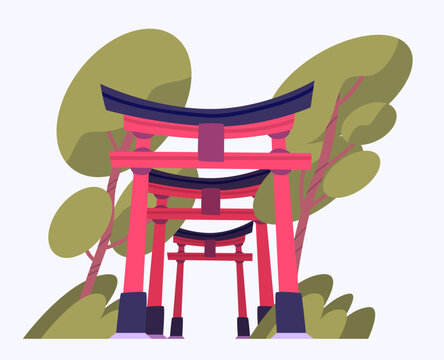 Traditional Japanese red torii gate path in green forest vector illustration