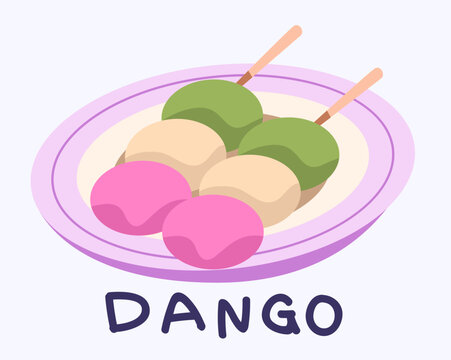 Japanese Dango dessert vector illustration with traditional three-color rice dumplings on skewer and plate