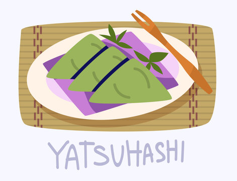 Traditional Kyoto sweet Yatsuhashi food vector in flat design style with wooden fork and plate