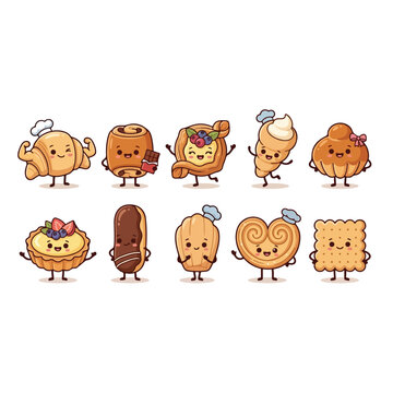Kawaii bakery pastry character set with cute faces