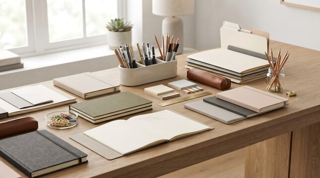 Creative workspace with various planners and notebooks on a wooden desk