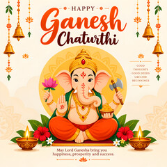Naklejka premium Happy Ganesh Chaturthi Greeting Card with Lord Ganesha, Diyas, Temple Bells and Traditional Indian Festival Illustration