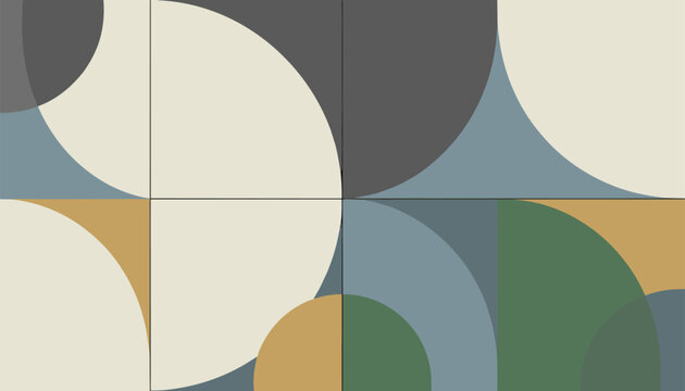 Creative geometric background with circles and color blocks in blue, beige, green and gold tones.