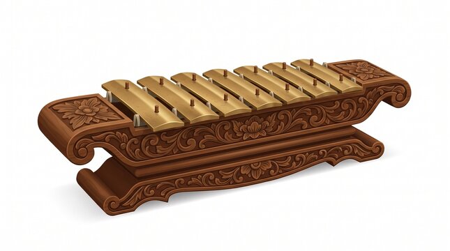Traditional Indonesian Javanese saron metallophone musical instrument with ornate wooden carved frame isolated on white background