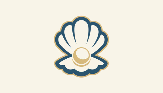 Golden and blue oyster seashell logo opening to reveal a shiny round pearl on a light beige background.
