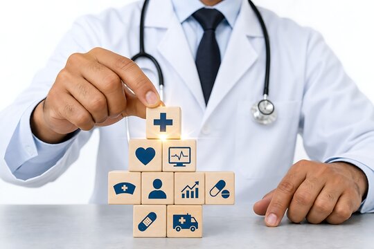 Medical professional arranging blocks with health and care icons