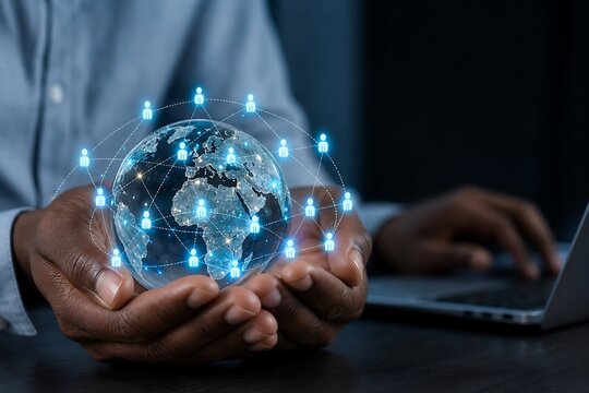 Hands holding glowing globe with digital network connections in workspace