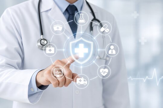 Medical professional touching digital tablet with healthcare and security icons