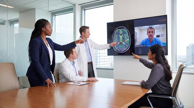 Medical Team Collaboration: A diverse group of medical professionals gathers in a modern conference room, collaboratively analyzing a brain scan displayed on a large monitor.