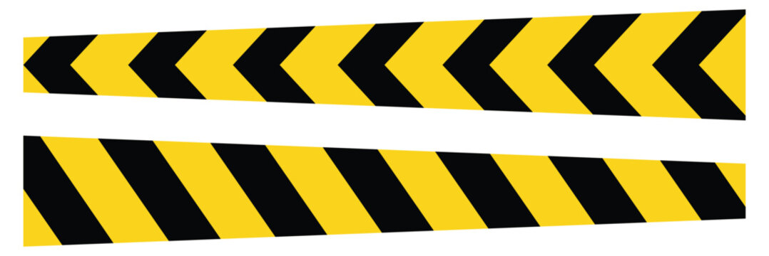 Caution tape border set featuring black and yellow chevron stripes for warning signs. Seamless danger caution line, perfect for stop or hazard construction borders, long caution ribbon. eps 10