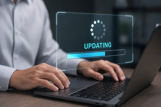 Person updating software on laptop with progress bar overlay