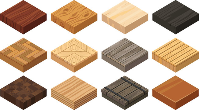 Isometric Wood Floor Texture Tiles Vector Set Featuring Parquet, Timber Planks, Hardwood Grain Patterns, Decking, and Plywood Slices for Game Design and Interior Construction