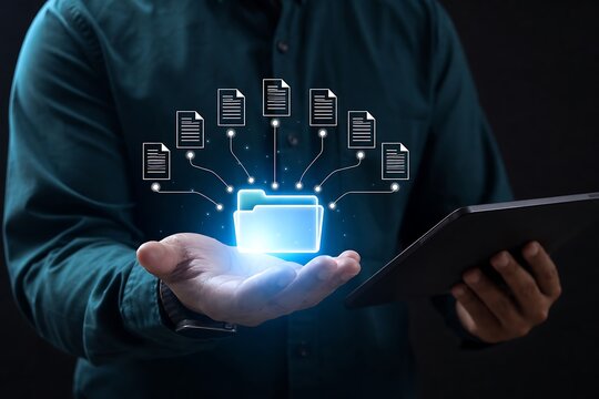 Business professional holding digital tablet with connected file icons and holographic interface