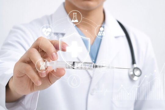 Doctor examining digital medical syringe with floating health and data icons