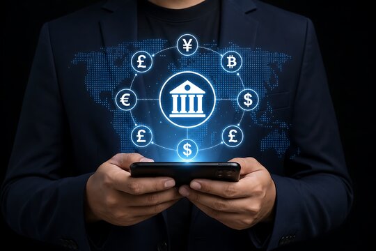 Businessperson viewing financial symbols and bank icon on smartphone screen