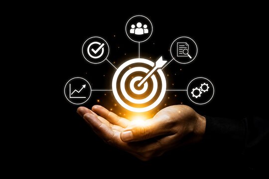 Hand holding target with icons symbolizing business goals and teamwork