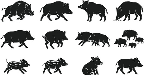 Fototapeta premium Wild Boar Silhouette Vector Icon Set with Razorback Boars Running Feeding Standing and Striped Boar Piglets for Hunting and Forest Wildlife Graphic Designs
